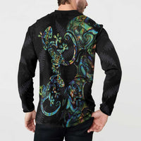 New Zealand Gecko Maori Art Tattoo Button Sweatshirt Silver Fern and Paua Shell Mode LT03 - Polynesian Pride