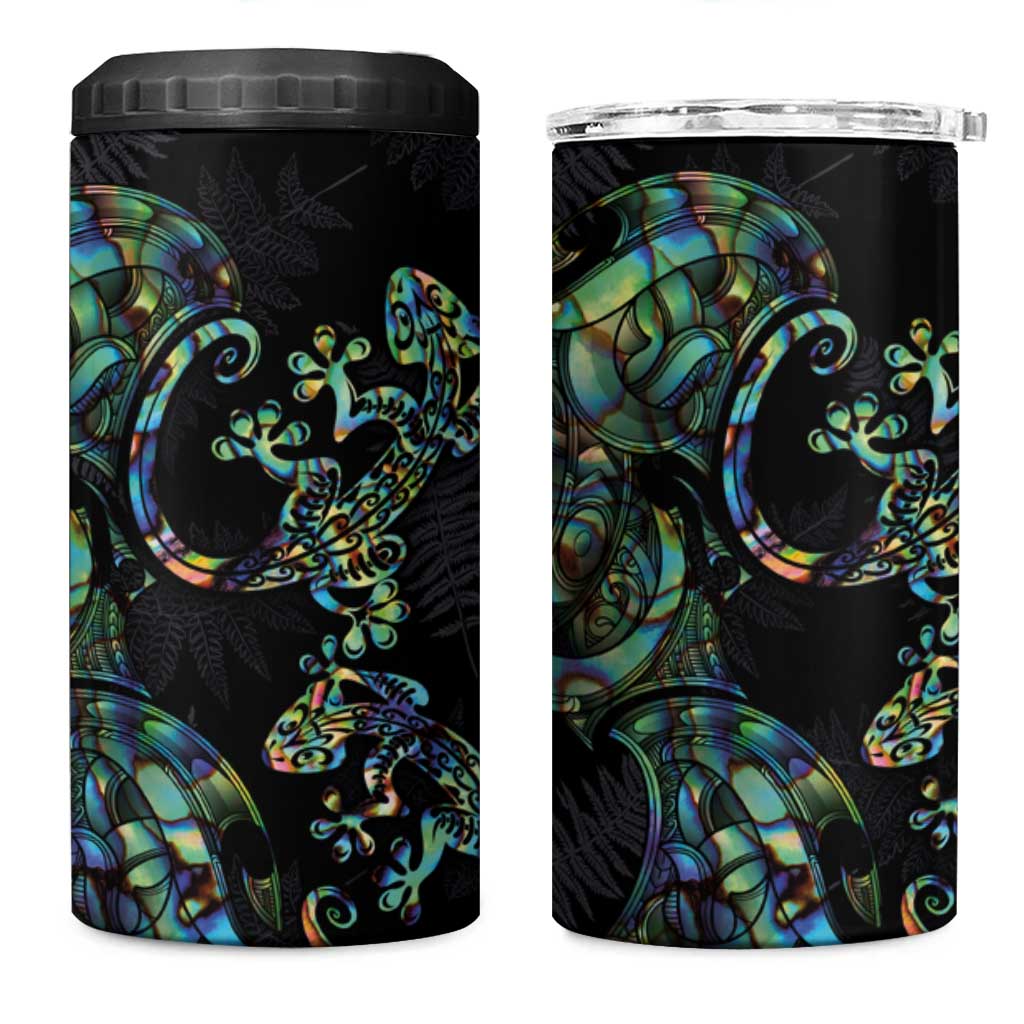New Zealand Gecko Maori Art Tattoo 4 in 1 Can Cooler Tumbler Paua Shell Mode with Silver Fern Pattern
