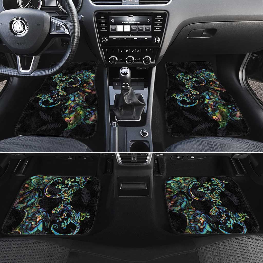 New Zealand Gecko Maori Art Tattoo Car Mats Silver Fern and Paua Shell Mode LT03 Set 4pcs Black - Polynesian Pride