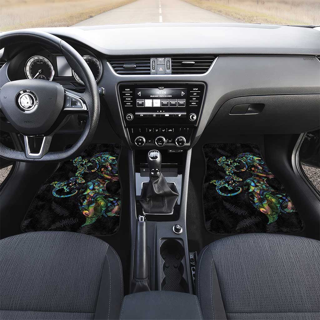 New Zealand Gecko Maori Art Tattoo Car Mats Silver Fern and Paua Shell Mode LT03 Set 2pcs - Front Black - Polynesian Pride