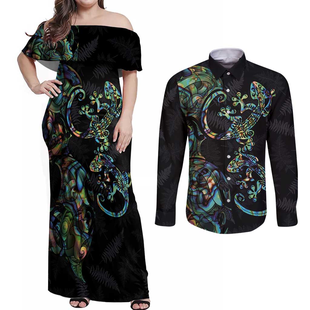 New Zealand Gecko Maori Art Tattoo Couples Matching Off Shoulder Maxi Dress and Long Sleeve Button Shirt Silver Fern and Paua Shell Mode