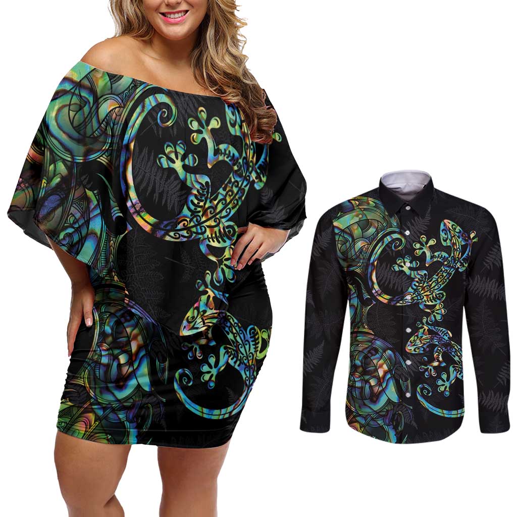 New Zealand Gecko Maori Art Tattoo Couples Matching Off Shoulder Short Dress and Long Sleeve Button Shirt Silver Fern and Paua Shell Mode