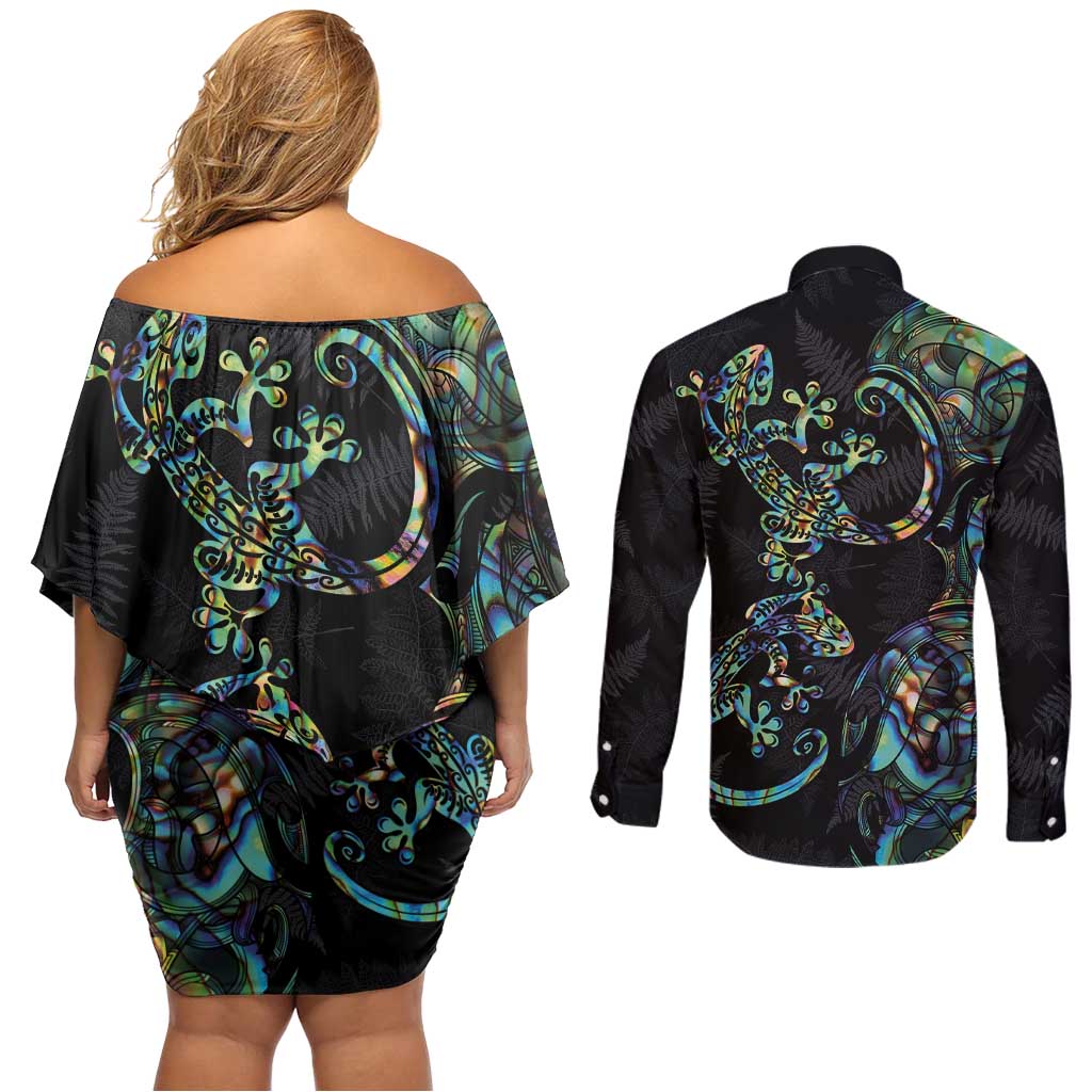 New Zealand Gecko Maori Art Tattoo Couples Matching Off Shoulder Short Dress and Long Sleeve Button Shirt Silver Fern and Paua Shell Mode