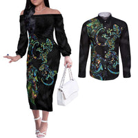 New Zealand Gecko Maori Art Tattoo Couples Matching Off The Shoulder Long Sleeve Dress and Long Sleeve Button Shirt Silver Fern and Paua Shell Mode