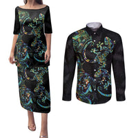 New Zealand Gecko Maori Art Tattoo Couples Matching Puletasi and Long Sleeve Button Shirt Silver Fern and Paua Shell Mode