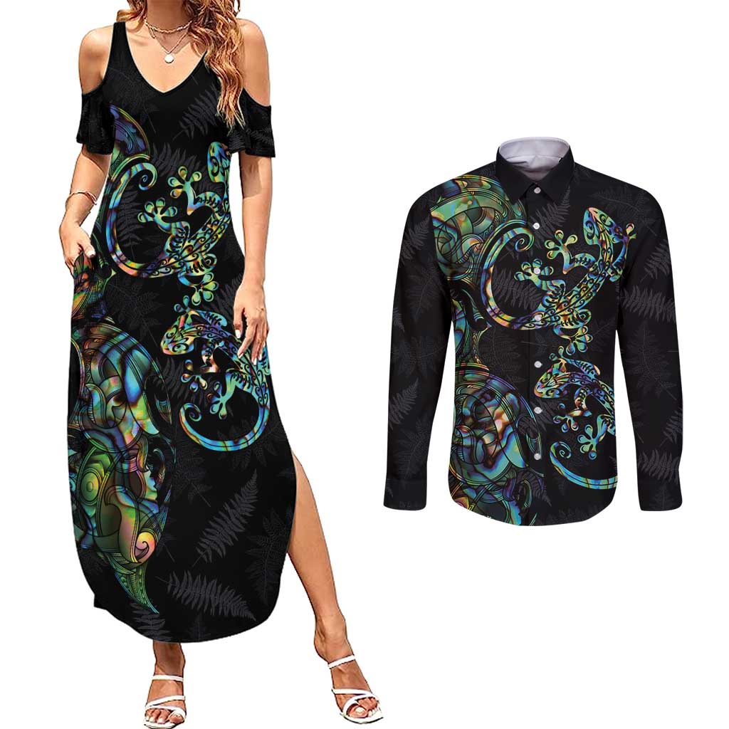 New Zealand Gecko Maori Art Tattoo Couples Matching Summer Maxi Dress and Long Sleeve Button Shirt Silver Fern and Paua Shell Mode