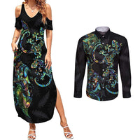 New Zealand Gecko Maori Art Tattoo Couples Matching Summer Maxi Dress and Long Sleeve Button Shirt Silver Fern and Paua Shell Mode