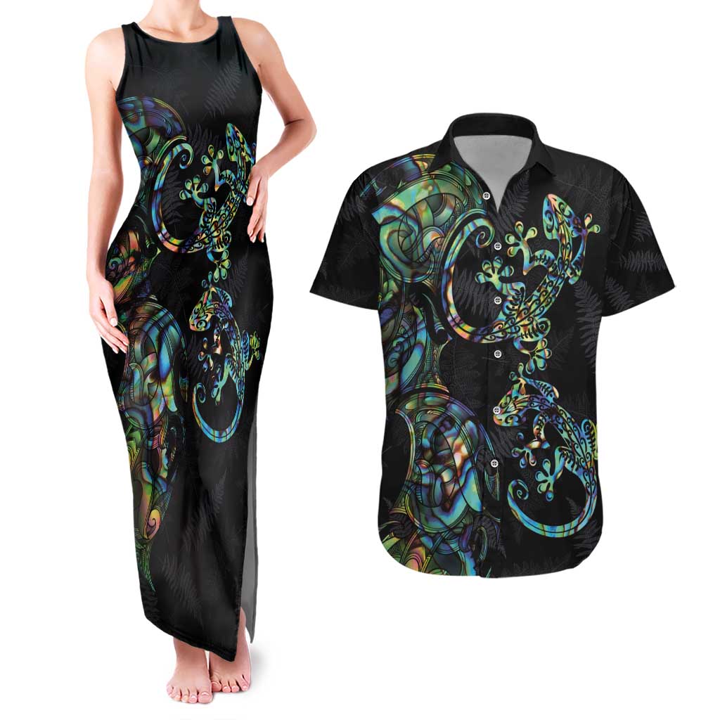 New Zealand Gecko Maori Art Tattoo Couples Matching Tank Maxi Dress and Hawaiian Shirt Silver Fern and Paua Shell Mode