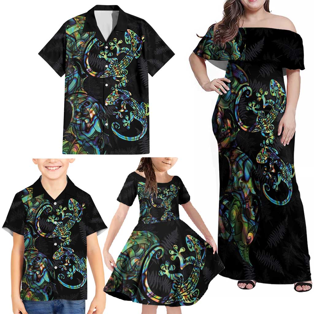 New Zealand Gecko Maori Art Tattoo Family Matching Off Shoulder Maxi Dress and Hawaiian Shirt Silver Fern and Paua Shell Mode