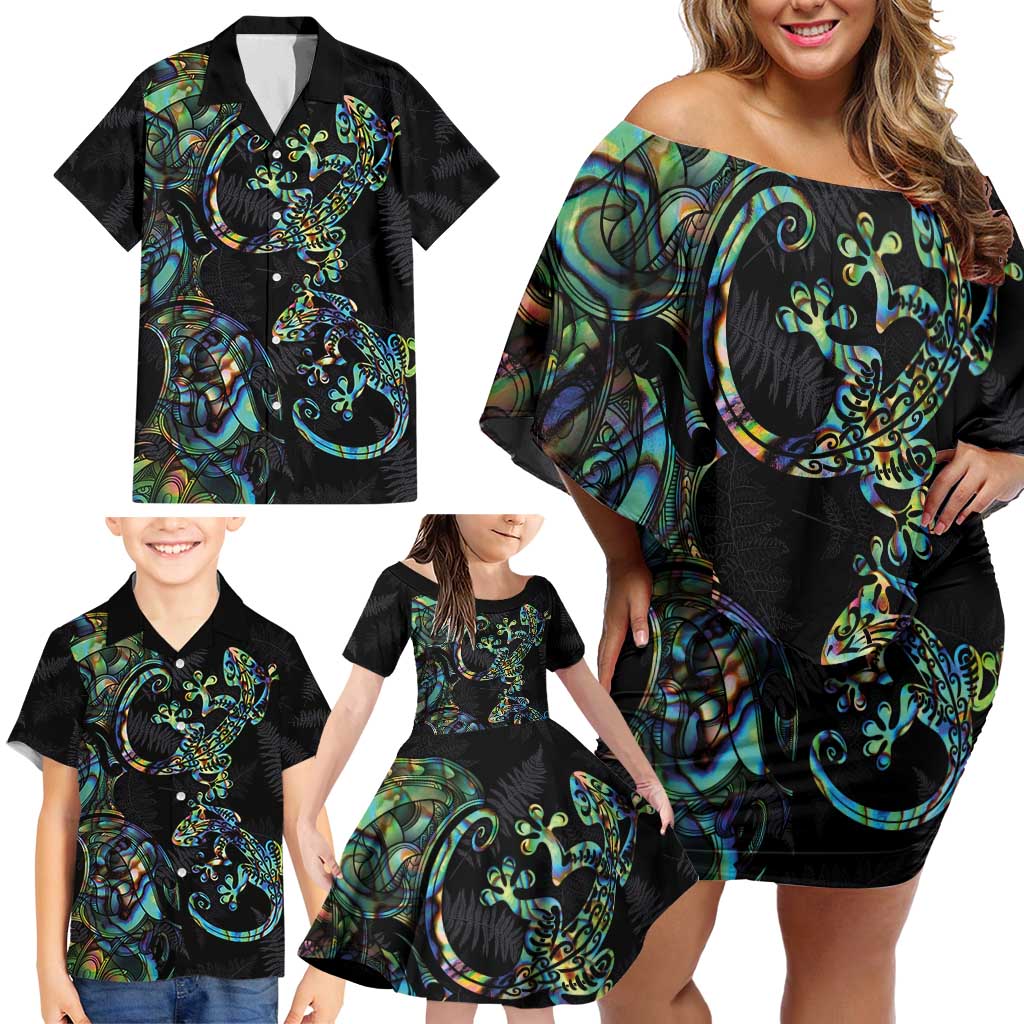 New Zealand Gecko Maori Art Tattoo Family Matching Off Shoulder Short Dress and Hawaiian Shirt Silver Fern and Paua Shell Mode