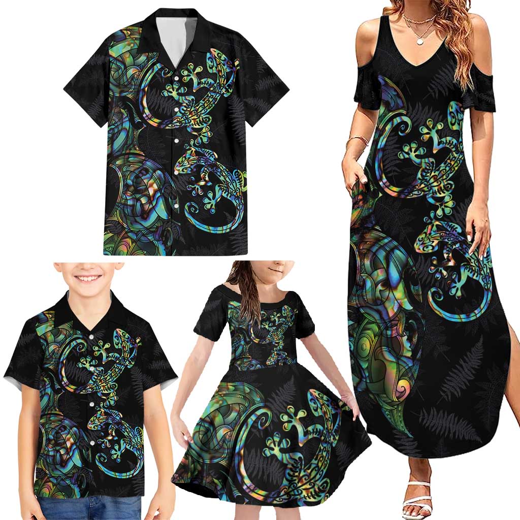 New Zealand Gecko Maori Art Tattoo Family Matching Summer Maxi Dress and Hawaiian Shirt Silver Fern and Paua Shell Mode