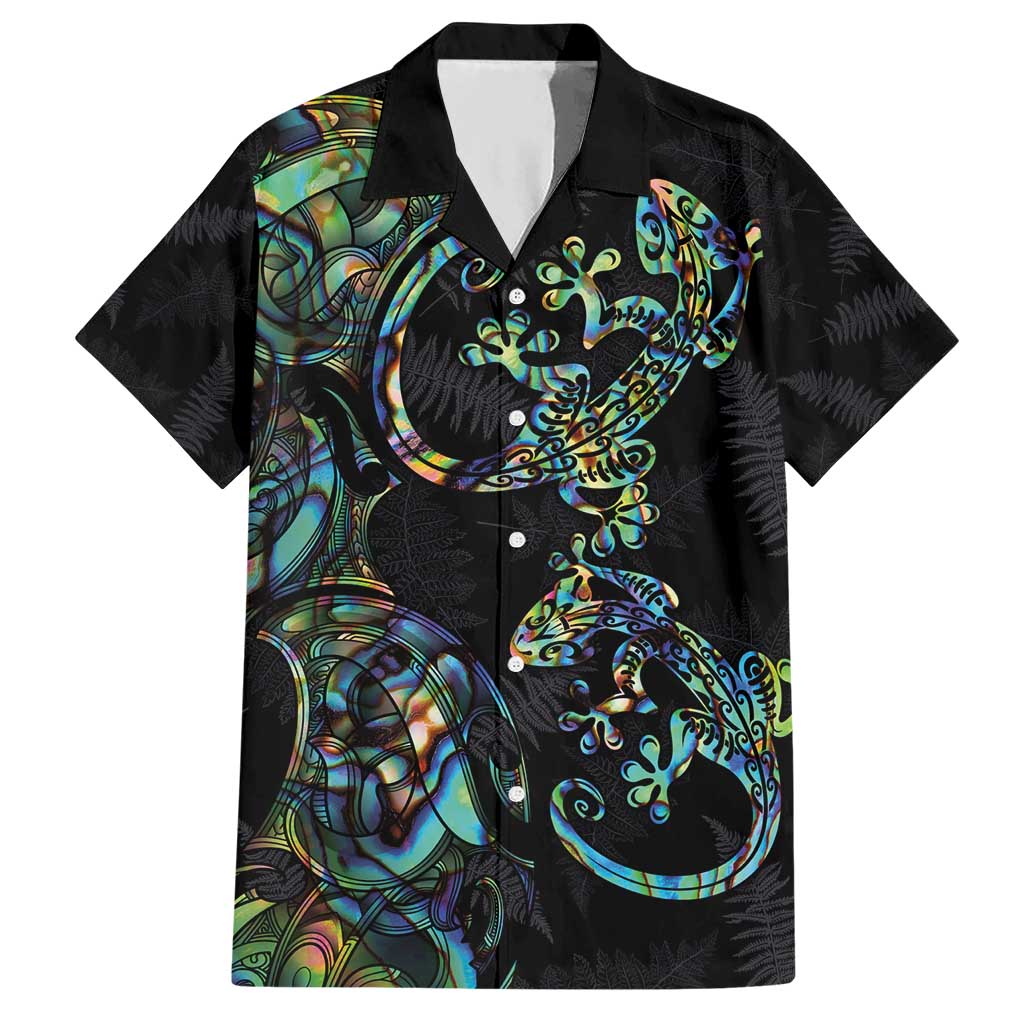 New Zealand Gecko Maori Art Tattoo Hawaiian Shirt Silver Fern and Paua Shell Mode LT03 Black - Polynesian Pride