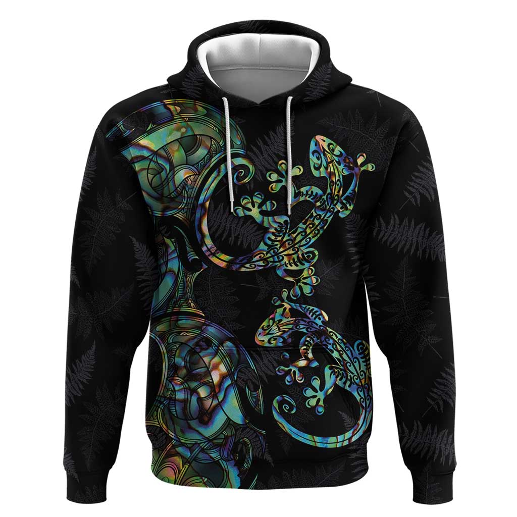 New Zealand Gecko Maori Art Tattoo Hoodie Silver Fern and Paua Shell Mode