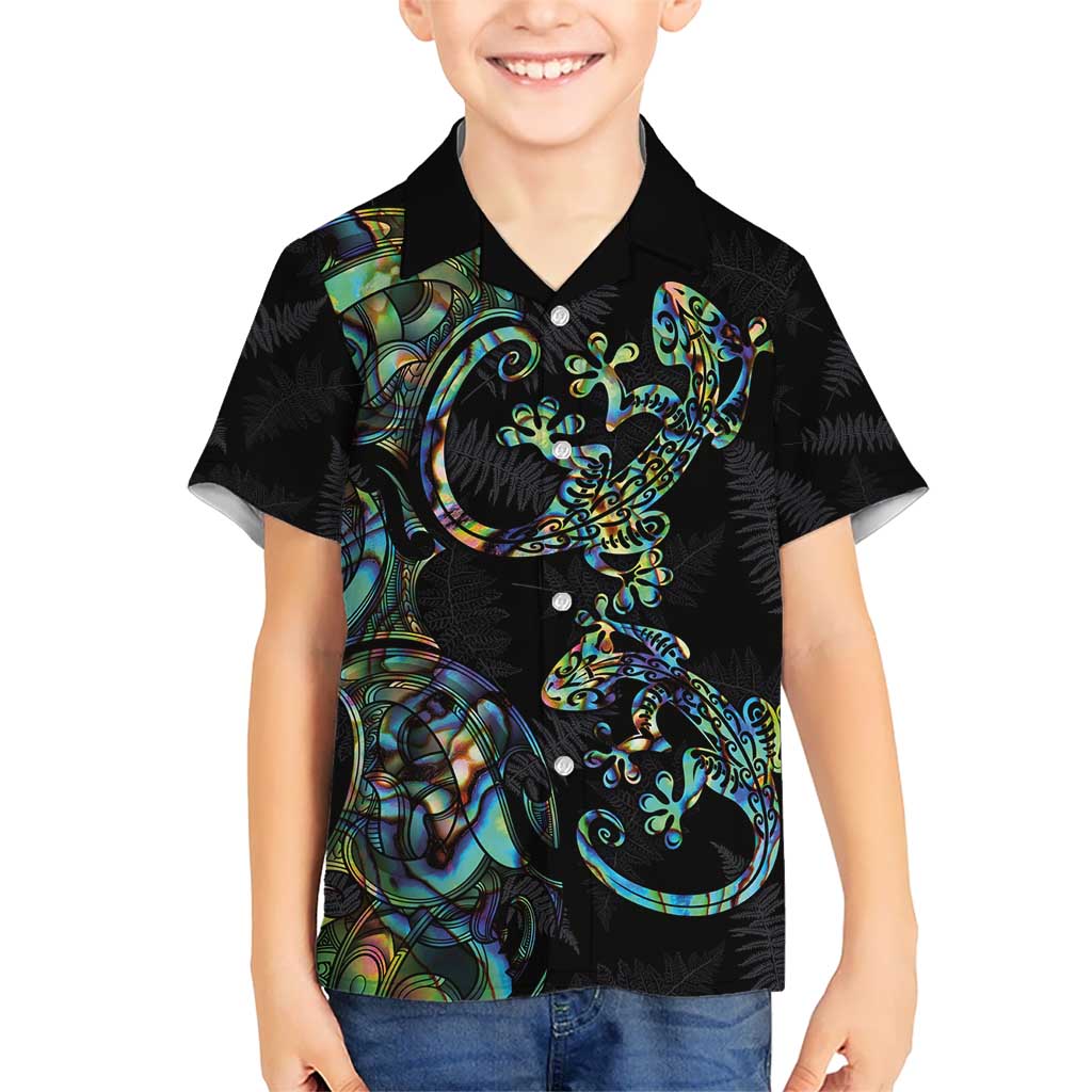 New Zealand Gecko Maori Art Tattoo Kid Hawaiian Shirt Silver Fern and Paua Shell Mode