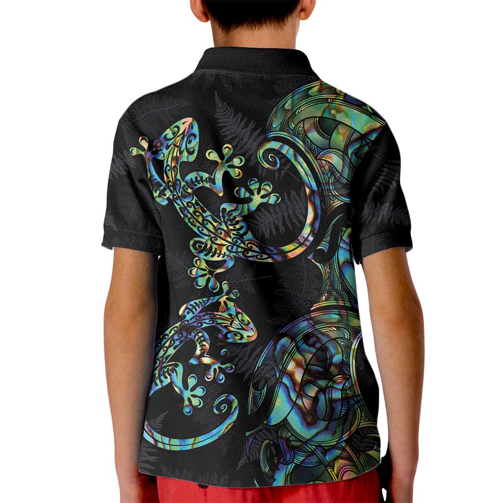 New Zealand Gecko Maori Art Tattoo Kid Polo Shirt Silver Fern and Paua Shell Mode