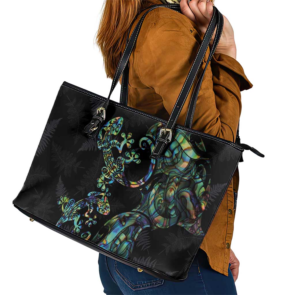 New Zealand Gecko Maori Art Tattoo Leather Tote Bag Silver Fern and Paua Shell Mode LT03 - Polynesian Pride