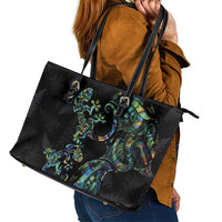 New Zealand Gecko Maori Art Tattoo Leather Tote Bag Silver Fern and Paua Shell Mode LT03 - Polynesian Pride