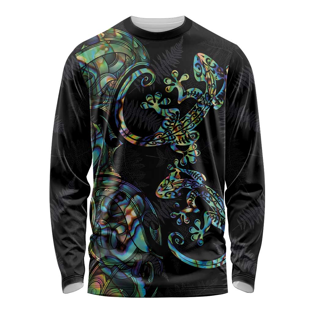 New Zealand Gecko Maori Art Tattoo Long Sleeve Shirt Silver Fern and Paua Shell Mode