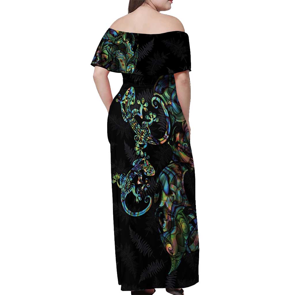 New Zealand Gecko Maori Art Tattoo Off Shoulder Maxi Dress Silver Fern and Paua Shell Mode