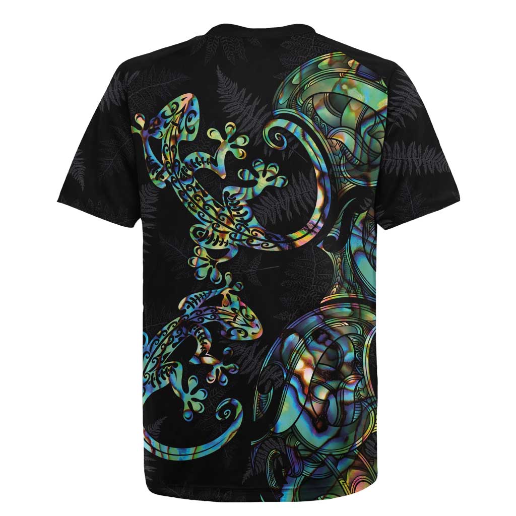 New Zealand Gecko Maori Art Tattoo Rugby Jersey Silver Fern and Paua Shell Mode