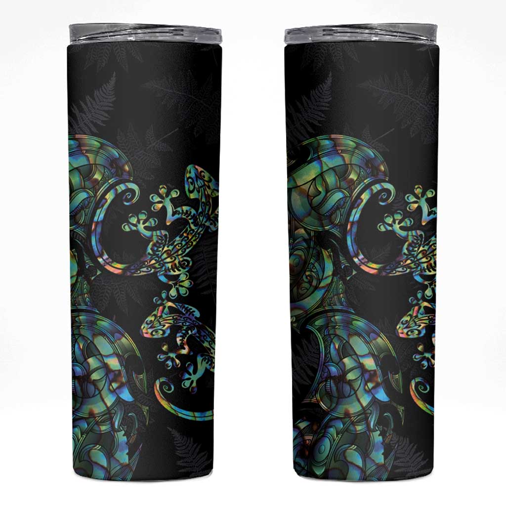 New Zealand Gecko Maori Art Tattoo Skinny Tumbler Paua Shell Mode with Silver Fern Pattern