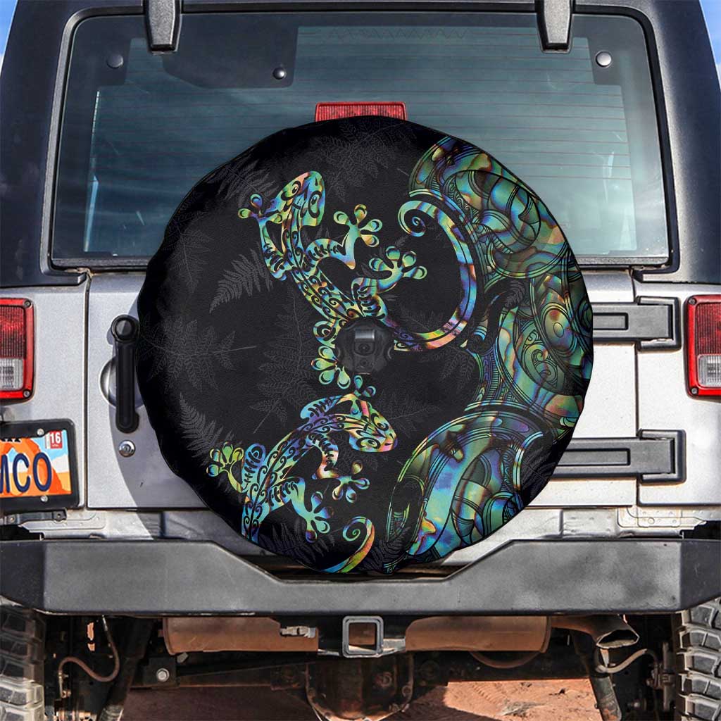 New Zealand Gecko Maori Art Tattoo Spare Tire Cover Silver Fern and Paua Shell Mode LT03 Black - Polynesian Pride