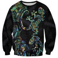 New Zealand Gecko Maori Art Tattoo Sweatshirt Silver Fern and Paua Shell Mode LT03 Unisex Black - Polynesian Pride