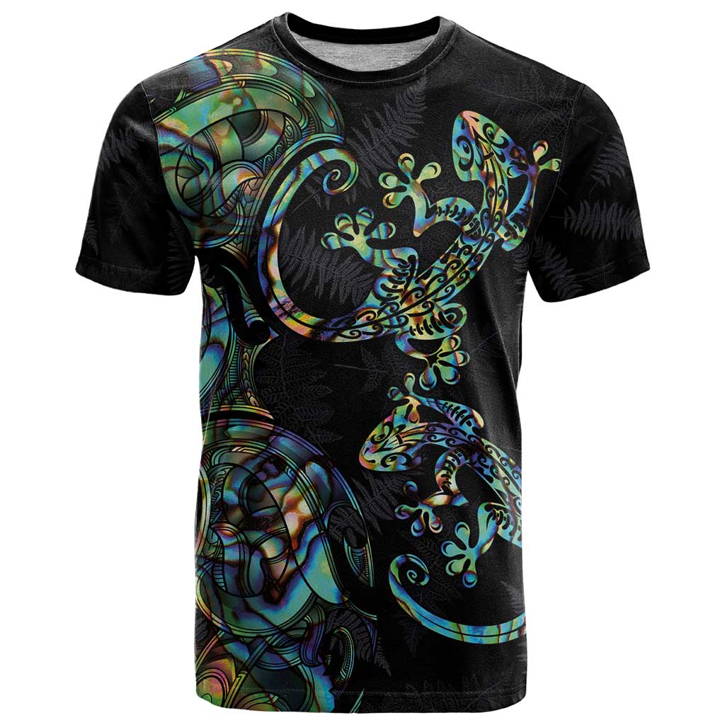 New Zealand Gecko Maori Art Tattoo T Shirt Silver Fern and Paua Shell Mode LT03 Black - Polynesian Pride