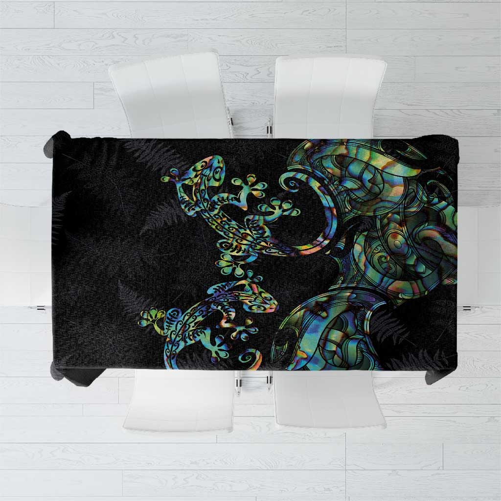 New Zealand Gecko Maori Art Tattoo Tablecloth Silver Fern and Paua Shell Mode LT03 Black - Polynesian Pride
