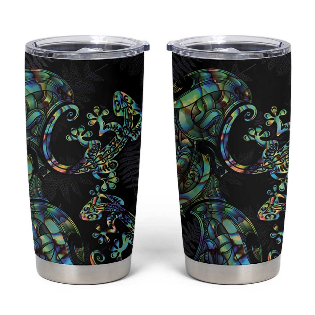 New Zealand Gecko Maori Art Tattoo Tumbler Cup Paua Shell Mode with Silver Fern Pattern LT03 Black - Polynesian Pride
