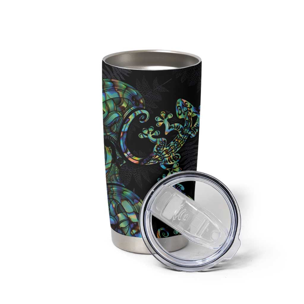New Zealand Gecko Maori Art Tattoo Tumbler Cup Paua Shell Mode with Silver Fern Pattern LT03 - Polynesian Pride