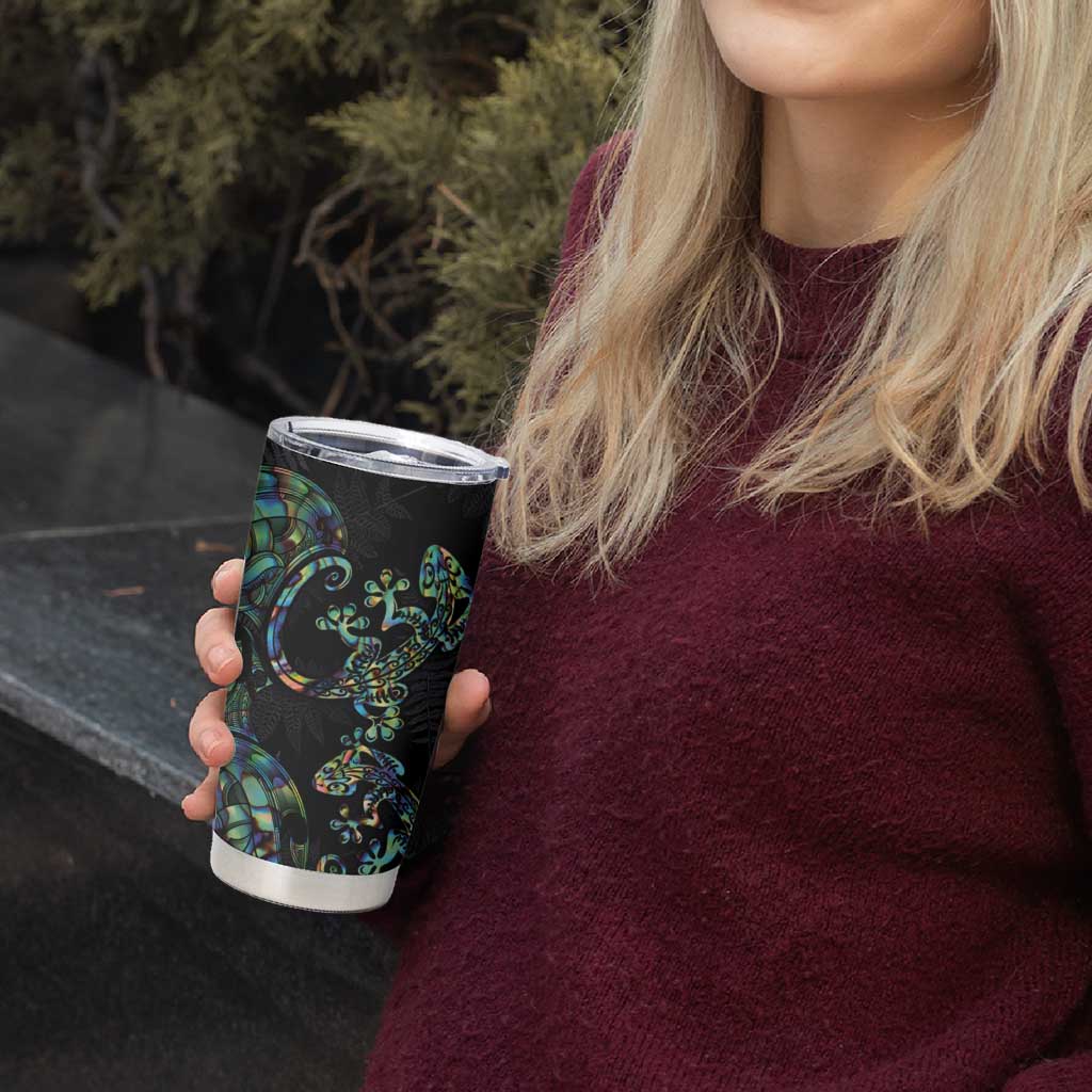 New Zealand Gecko Maori Art Tattoo Tumbler Cup Paua Shell Mode with Silver Fern Pattern LT03 - Polynesian Pride