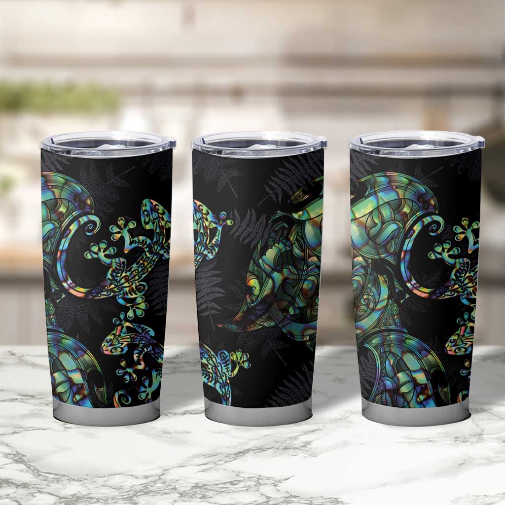 New Zealand Gecko Maori Art Tattoo Tumbler Cup Paua Shell Mode with Silver Fern Pattern LT03 - Polynesian Pride
