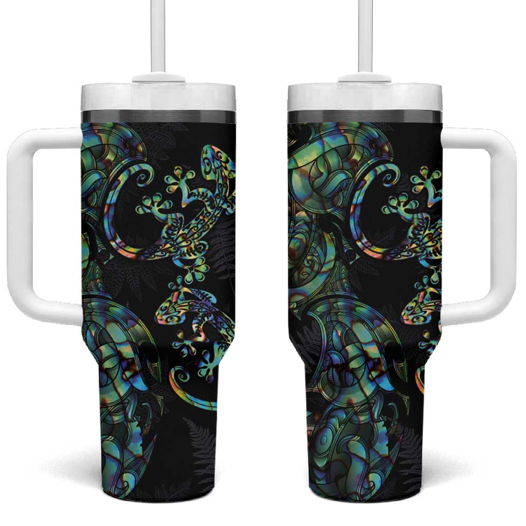 New Zealand Gecko Maori Art Tattoo Tumbler With Handle Paua Shell Mode with Silver Fern Pattern LT03 One Size: 40 oz Black - Polynesian Pride