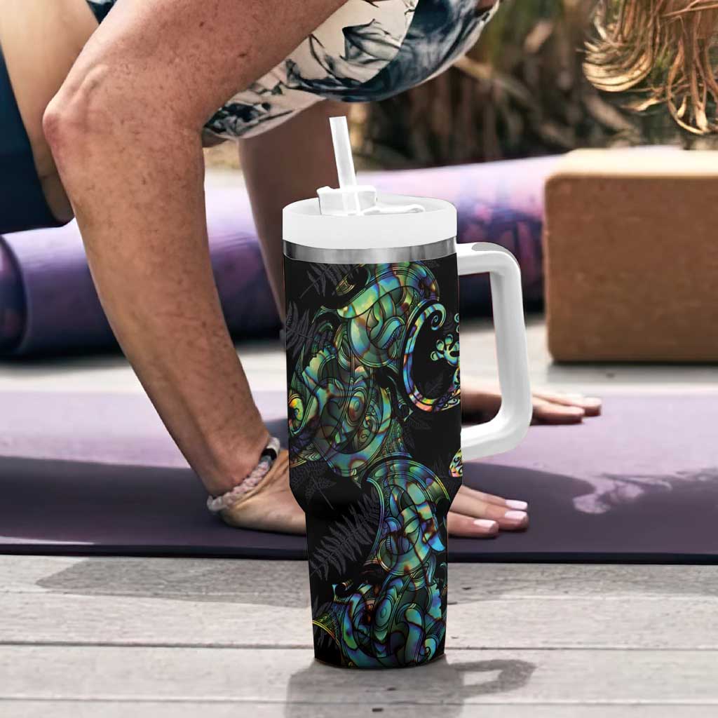 New Zealand Gecko Maori Art Tattoo Tumbler With Handle Paua Shell Mode with Silver Fern Pattern LT03 - Polynesian Pride