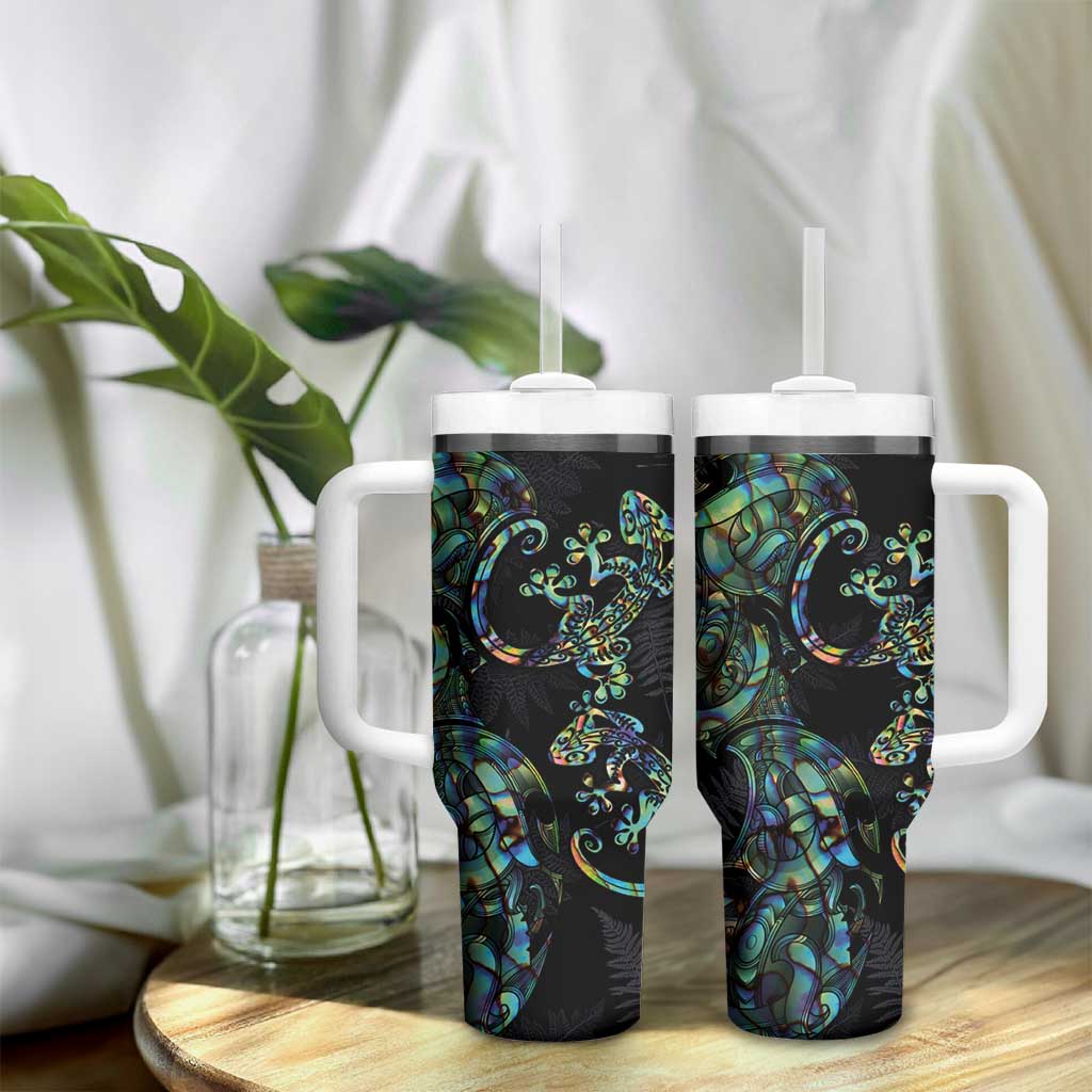 New Zealand Gecko Maori Art Tattoo Tumbler With Handle Paua Shell Mode with Silver Fern Pattern LT03 - Polynesian Pride