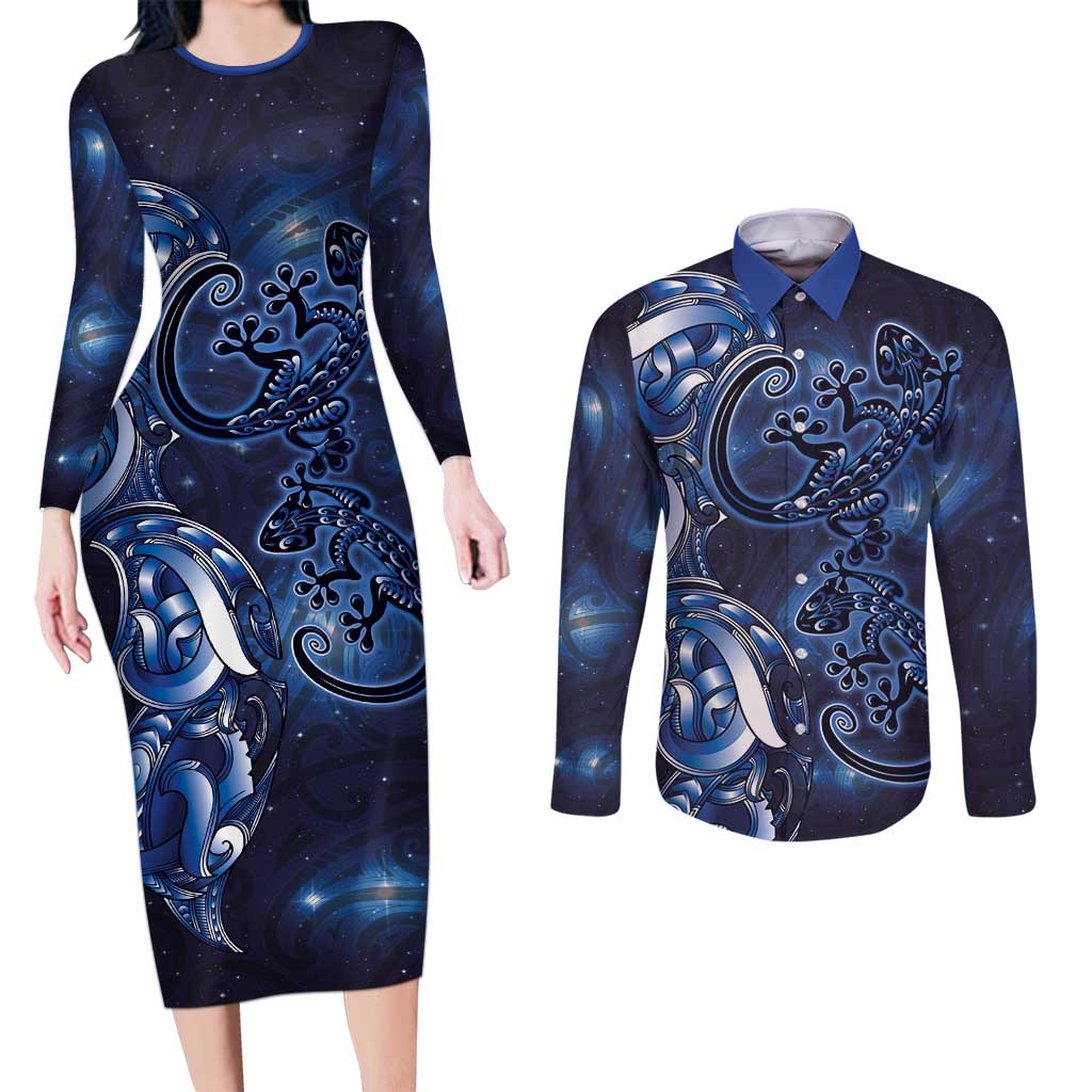 New Zealand Gecko Maori Art Tattoo Couples Matching Long Sleeve Bodycon Dress and Long Sleeve Button Shirt Matariki Mode