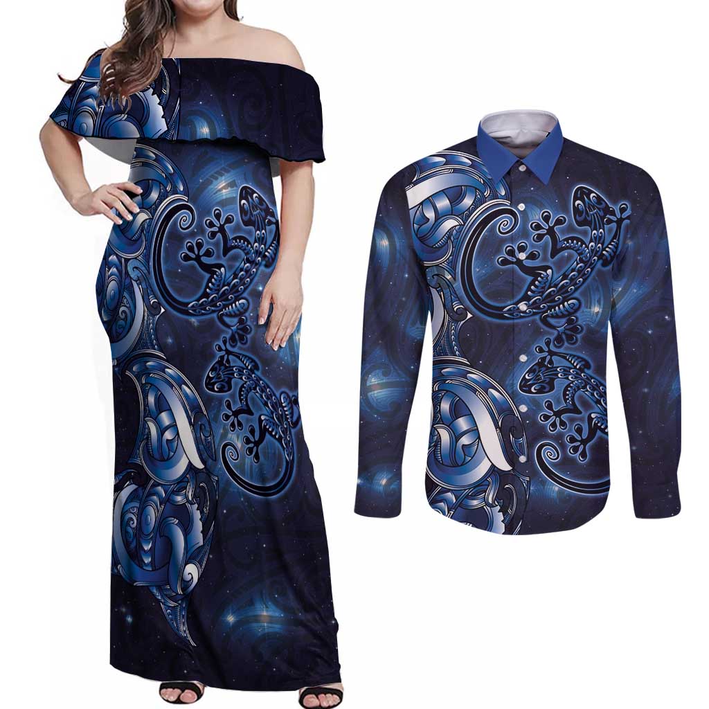 New Zealand Gecko Maori Art Tattoo Couples Matching Off Shoulder Maxi Dress and Long Sleeve Button Shirt Matariki Mode