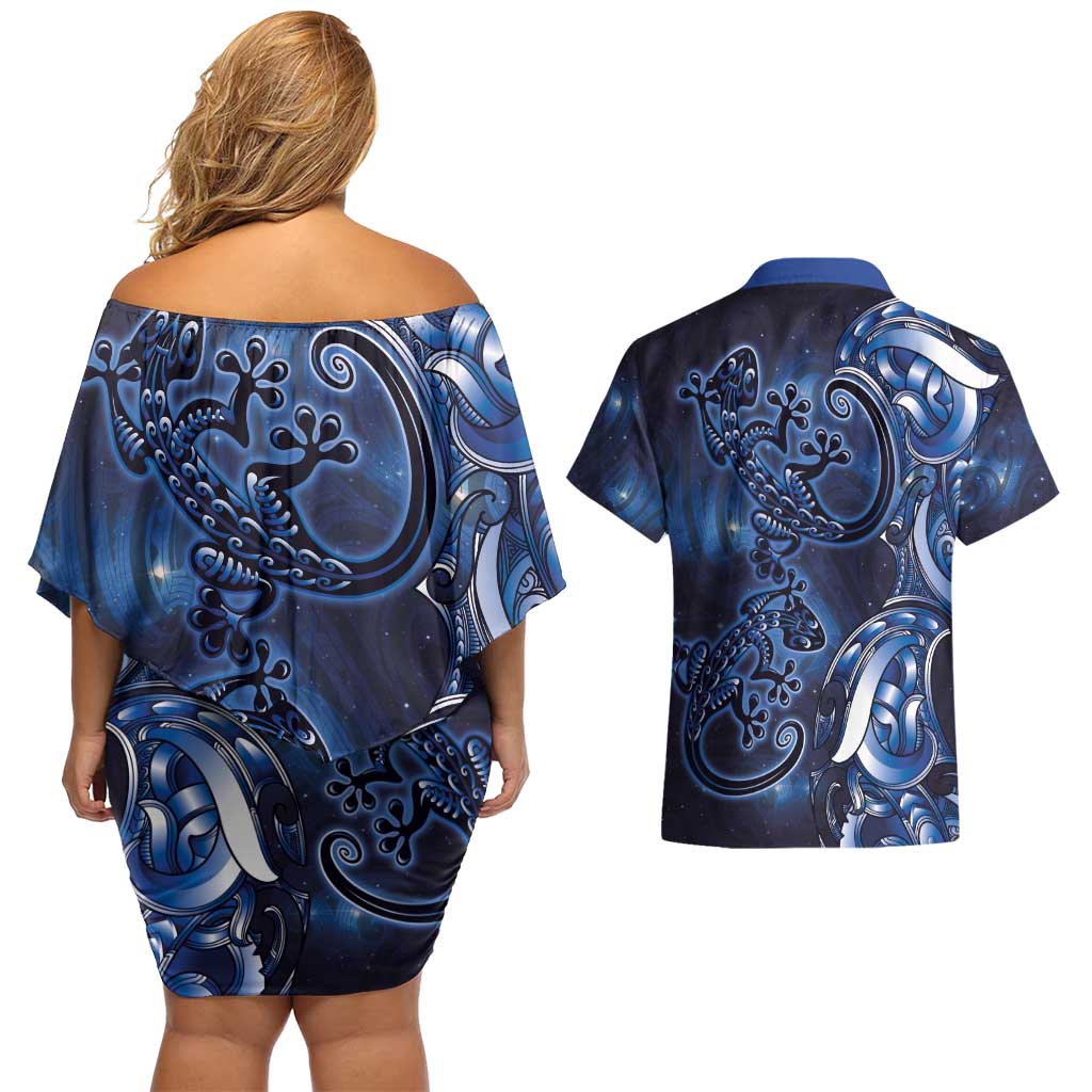 New Zealand Gecko Maori Art Tattoo Couples Matching Off Shoulder Short Dress and Hawaiian Shirt Matariki Mode