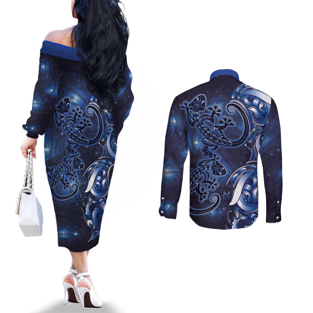 New Zealand Gecko Maori Art Tattoo Couples Matching Off The Shoulder Long Sleeve Dress and Long Sleeve Button Shirt Matariki Mode