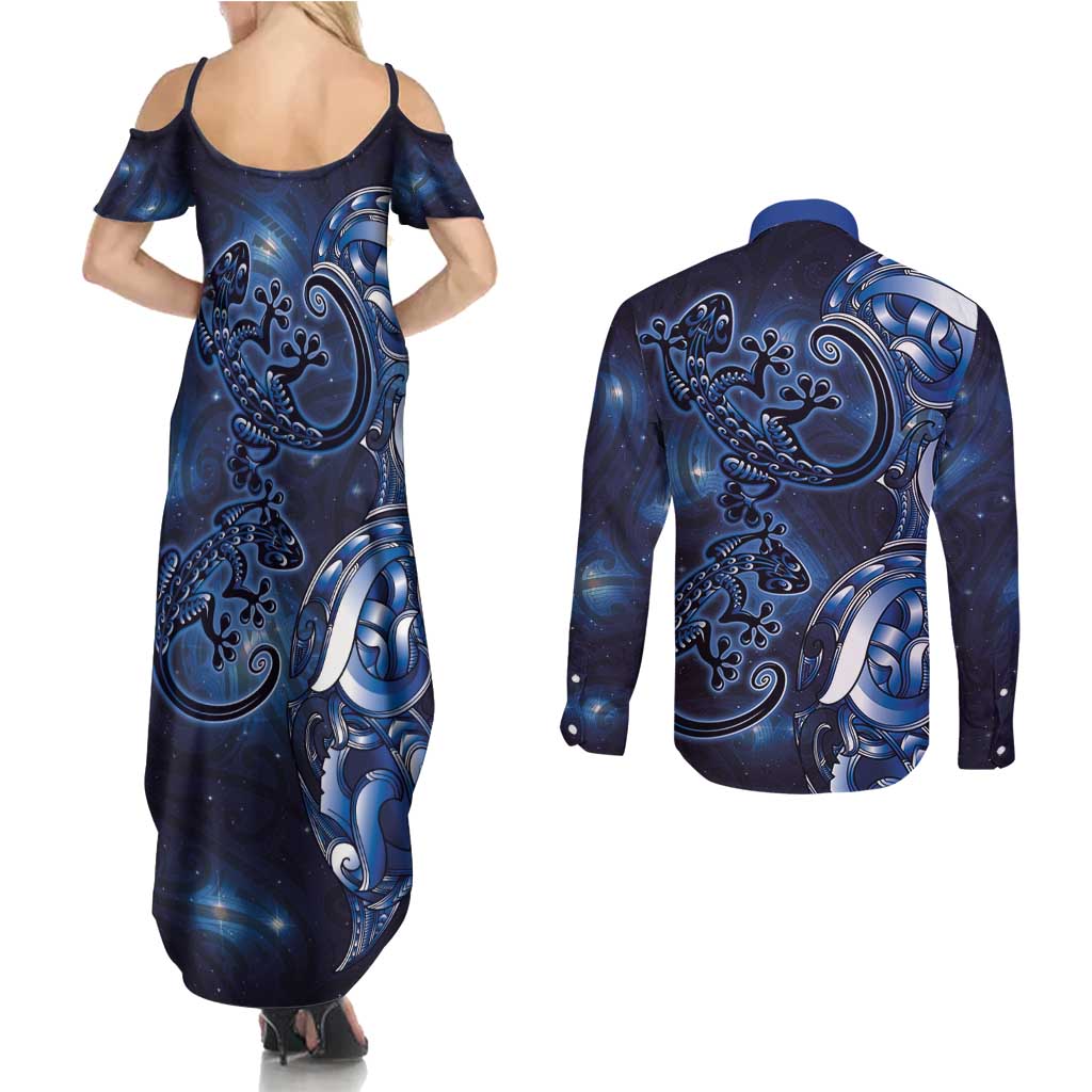 New Zealand Gecko Maori Art Tattoo Couples Matching Summer Maxi Dress and Long Sleeve Button Shirt Matariki Mode