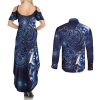 New Zealand Gecko Maori Art Tattoo Couples Matching Summer Maxi Dress and Long Sleeve Button Shirt Matariki Mode