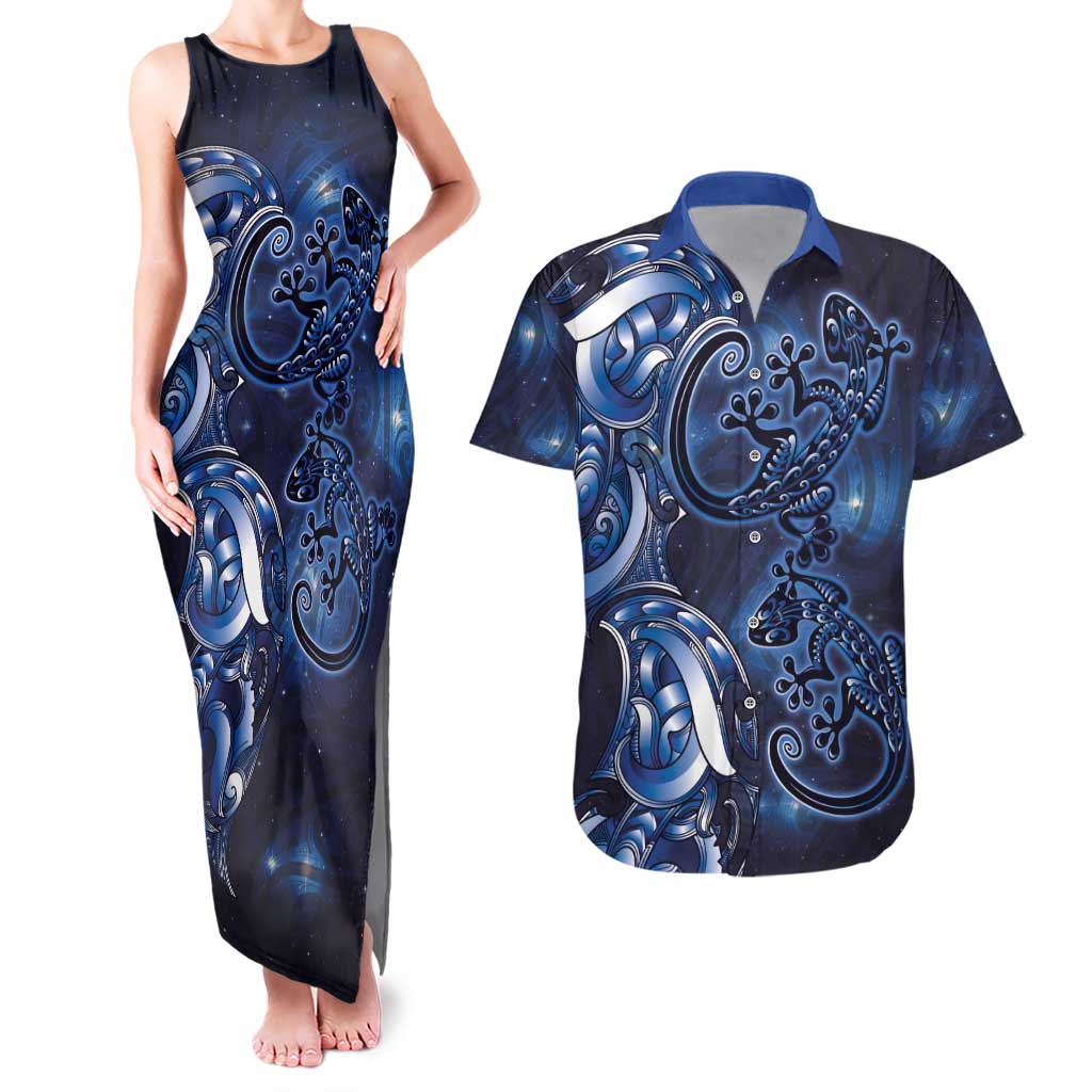 New Zealand Gecko Maori Art Tattoo Couples Matching Tank Maxi Dress and Hawaiian Shirt Matariki Mode