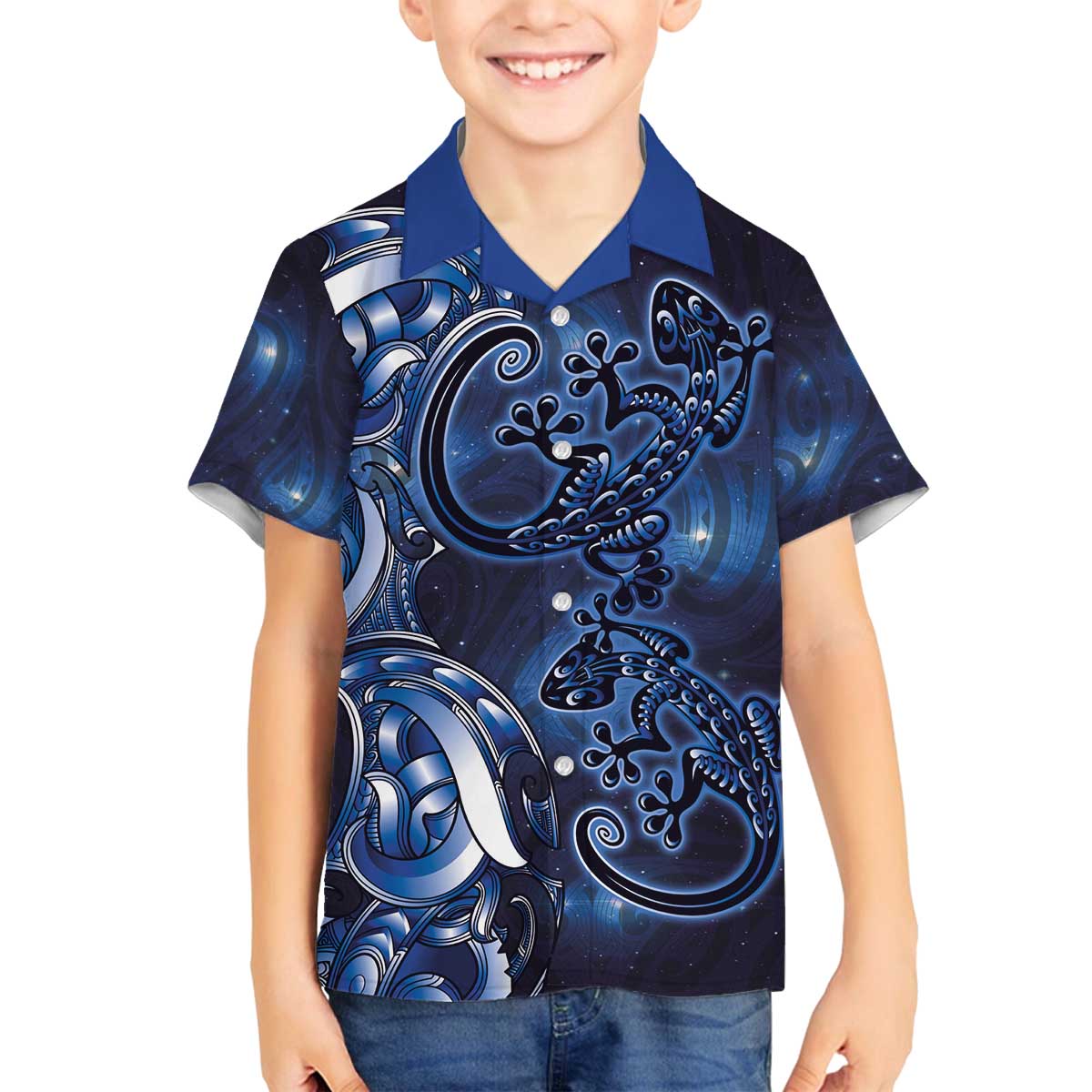 New Zealand Gecko Maori Art Tattoo Family Matching Off The Shoulder Long Sleeve Dress and Hawaiian Shirt Matariki Mode