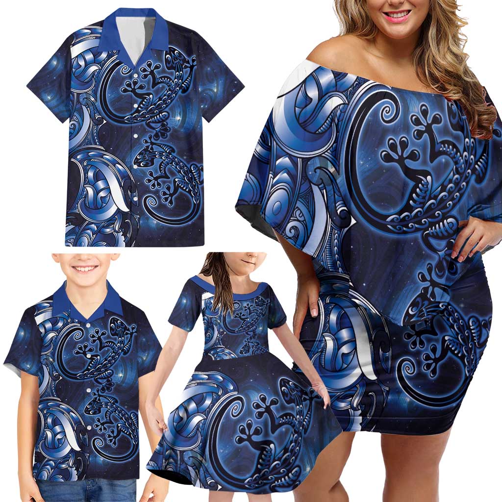 New Zealand Gecko Maori Art Tattoo Family Matching Off Shoulder Short Dress and Hawaiian Shirt Matariki Mode