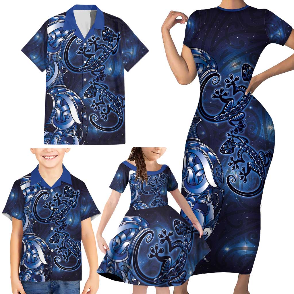 New Zealand Gecko Maori Art Tattoo Family Matching Short Sleeve Bodycon Dress and Hawaiian Shirt Matariki Mode