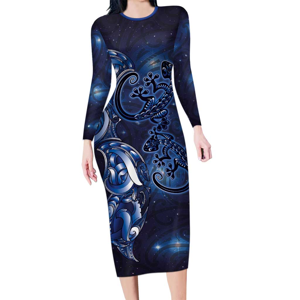 New Zealand Gecko Maori Art Tattoo Long Sleeve Bodycon Dress Matariki Mode