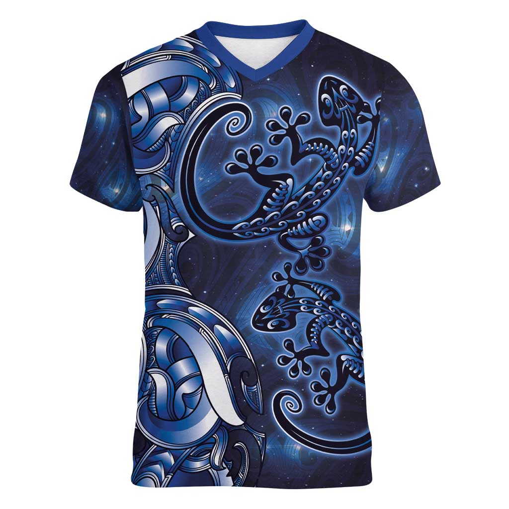 New Zealand Gecko Maori Art Tattoo Women V-Neck T-Shirt Matariki Mode