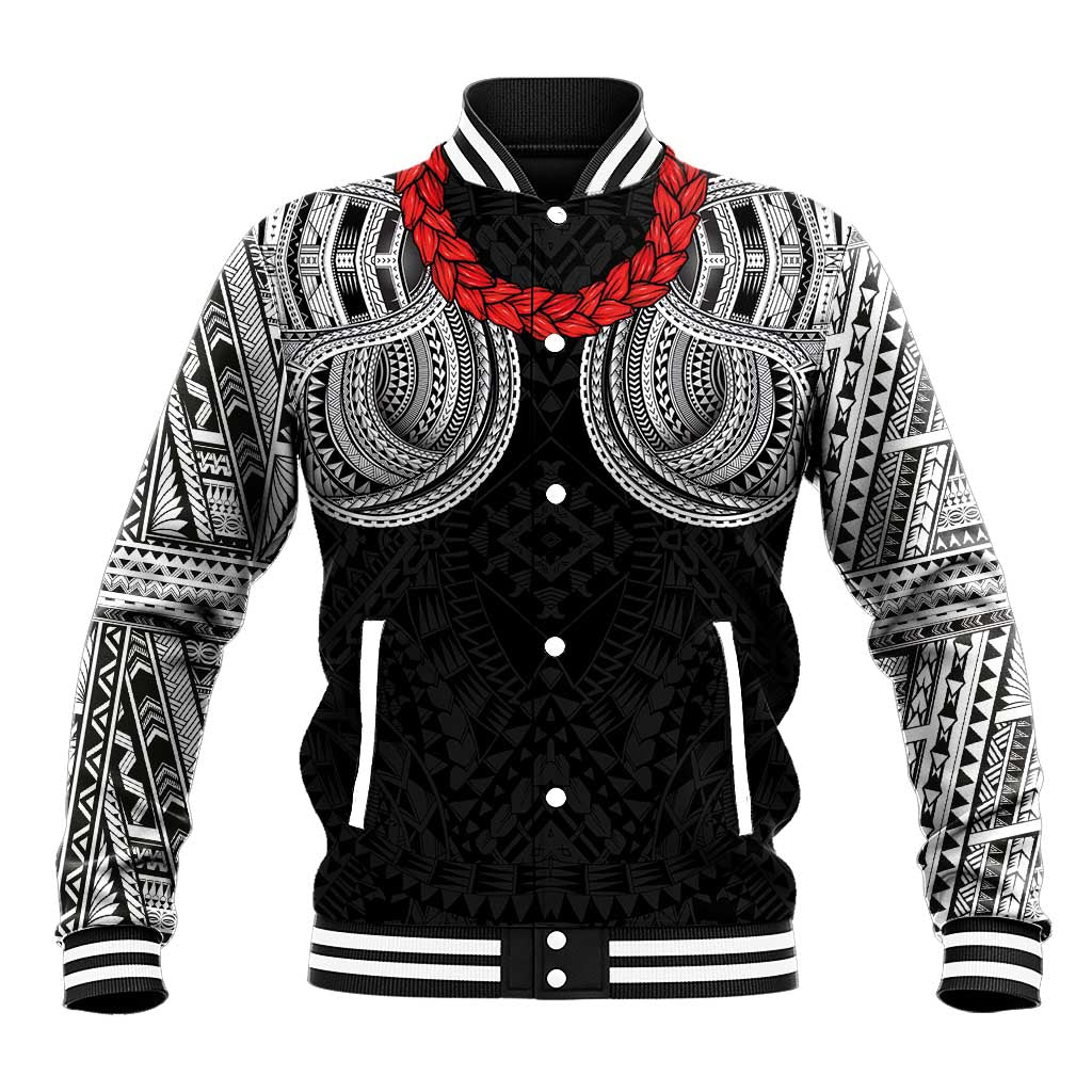 Samoan Traditional Art Tattoos Baseball Jacket Tatau Tribal Motifs with Ula Fala Black - Polynesian Pride