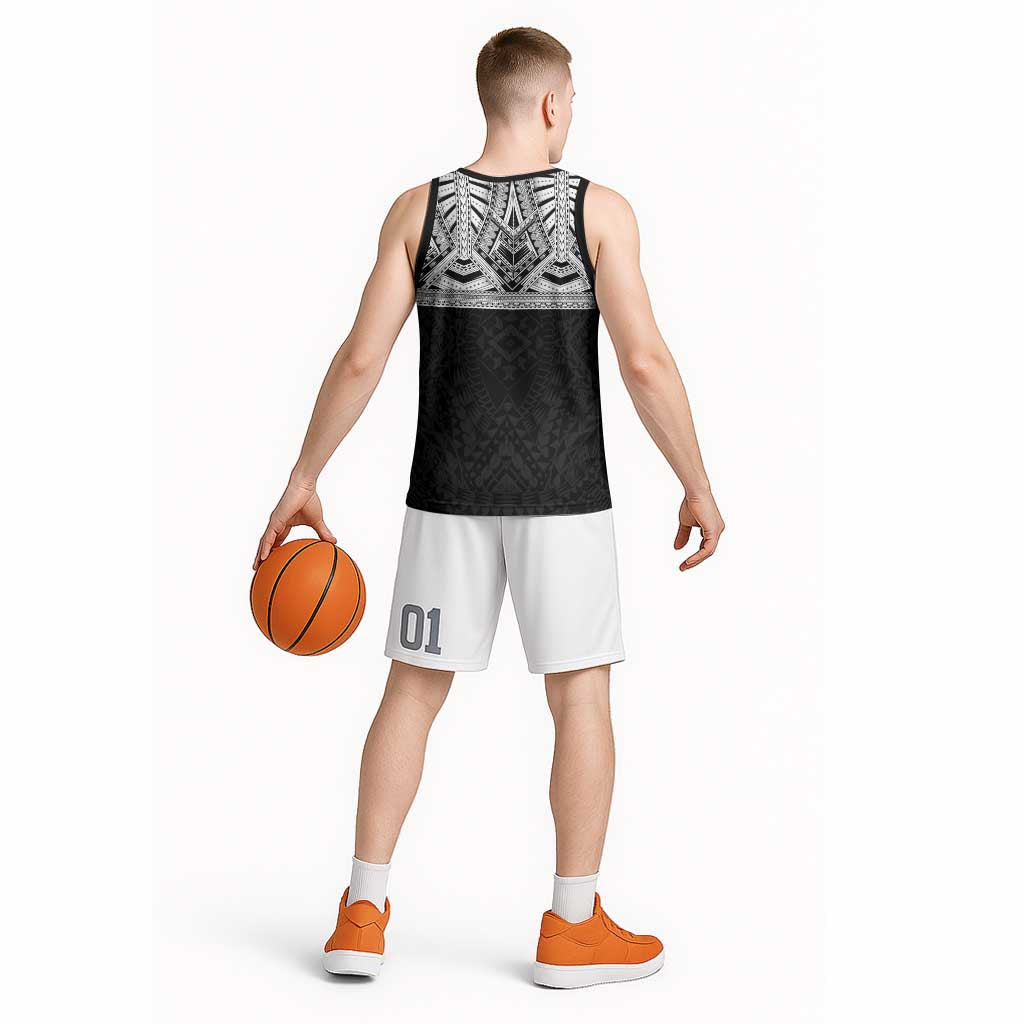 Samoan Traditional Art Tattoos Basketball Jersey Tatau Tribal Motifs with Ula Fala Black - Polynesian Pride